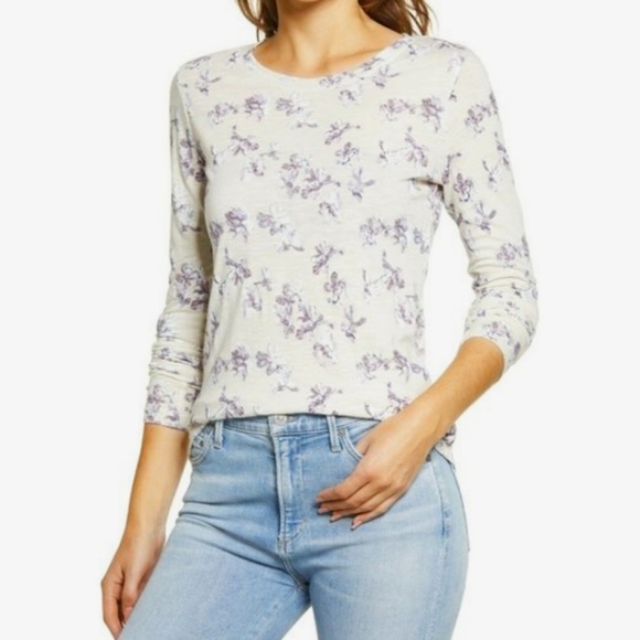 Caslon Tops - NWT Caslon Crew Neck Ivory Purple Lena Floral Long Sleeve Cotton Tee Sz M